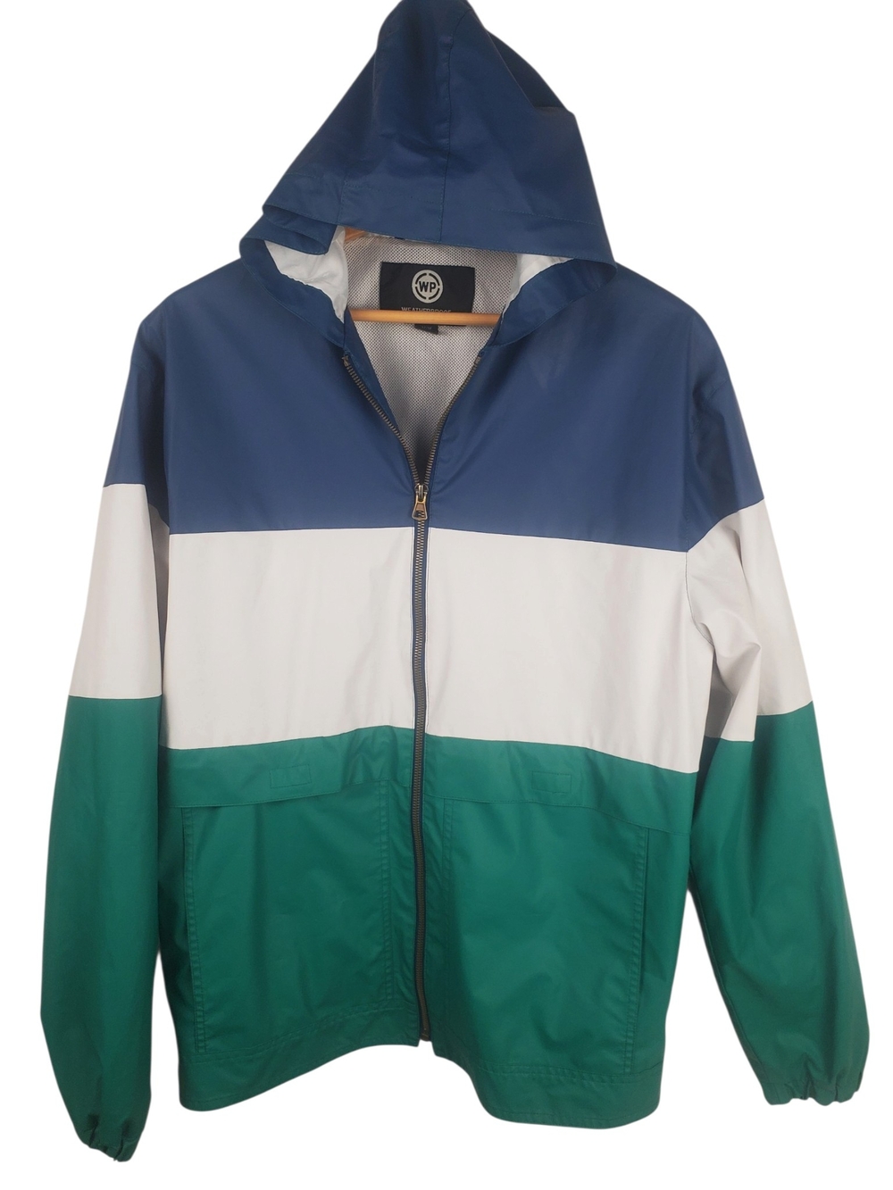 Weatherproof Retro Colorblock Full Zip Hooded Windbreaker Jacket Blue Green M